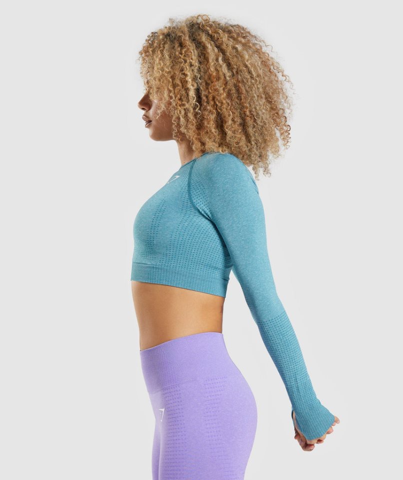 Women's Gymshark Vital Seamless 2.0 Long Sleeve Cropped Tops Turquoise | CA 3D0A6N